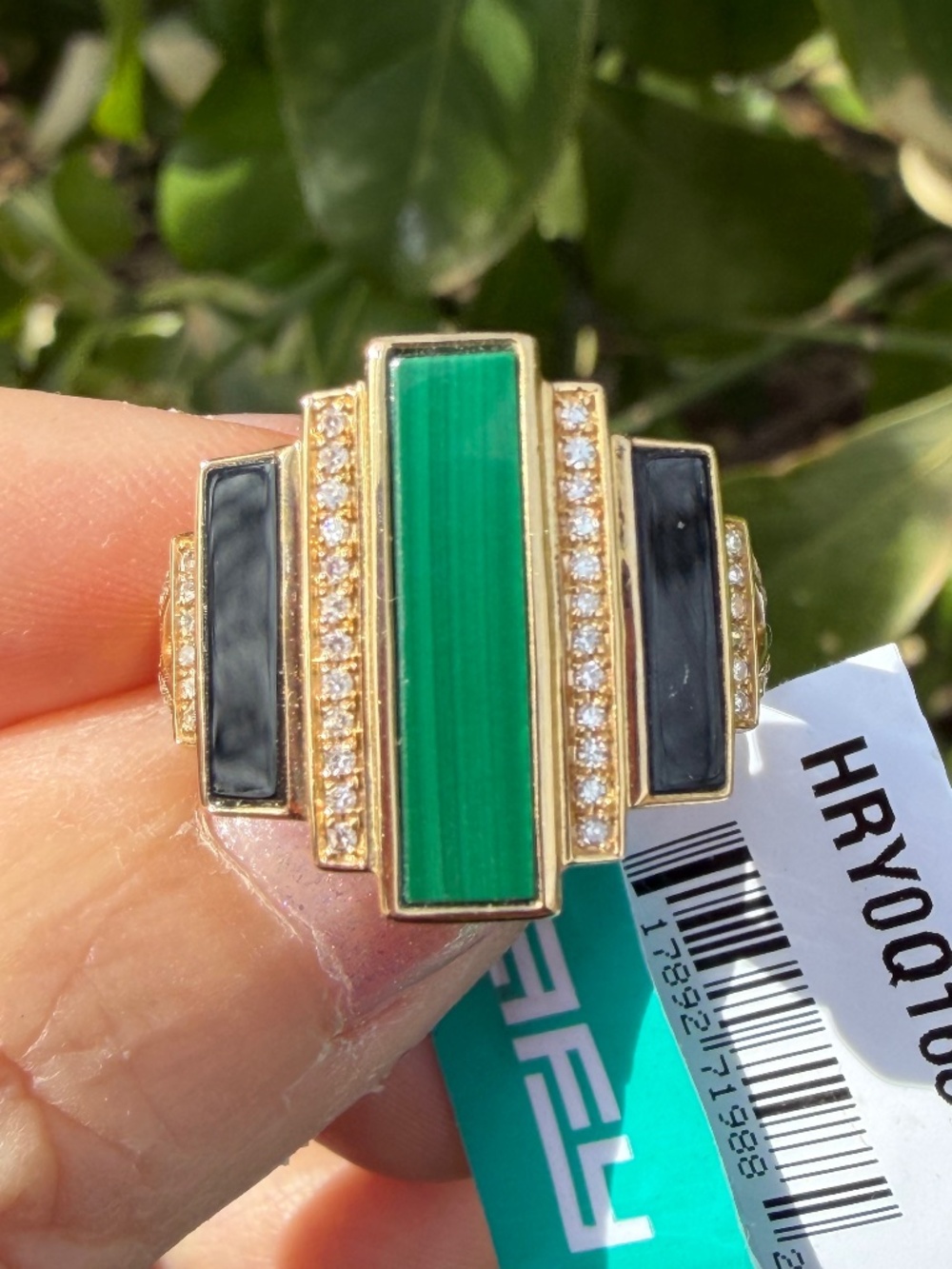 EFFY 14K YELLOW GOLD MALACHITE ONYX & DIAMOND STATEMENT RING NEW OLD STOCK BNWT